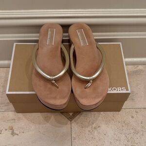 Michael Kors Metallic Gold Leather Thong Platform Sandals
